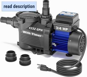 lot 431525 image: Retails for $129 AQUASTRONG 34 HP Above Ground Pool Pump with Timer, 1.25&1.5adapter, 115V, 4332GPH, High Flow, Powerful Self Primming Swimming Pool Pumps with Filter Basket