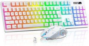 lot 142352 image: Wireless Gaming Keyboard and Mouse Combo - RGB Backlit, Rechargeable, Ergonomic, for Gaming Work, Long-Lasting Built-in Battery (White)
