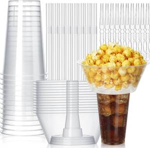 lot 242246 image: Jingmore 100 Sets Snack and Drink Cup, Disposable Clear Plastic Cups with Snack Bowl on Top Includes Cups, Bowls, Straws, Forks for Stadium, Movie Night and Party