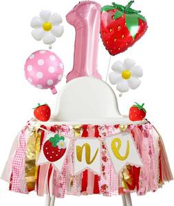 lot 242260 image: Strawberry First Birthday High Chair Banner and Pink Berry Balloon Kit  My Berry 1st Birthday Photo Props Sweet ONE Party Decorations with Strawberry Foil Balloons Backdrop Table Cloth for Baby Girl