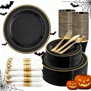 lot 342259 image: 350 Pieces Black and Gold Plastic Plates with Disposable Silverware, Include 50 Dinner Plates 9, 50 Dessert Plates 6.3, 50 Black Cups 9 OZ, 50 Pre Rolled Napkins for WeddingPartyBirthdayHalloween