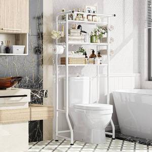 lot 342270 image: Simple Trending 3 Tier Over The Toilet Storage Rack, Metal Bathroom Shelf, Bathroom Stand Organizer Space Saver with Paper Holder and Hooks, White