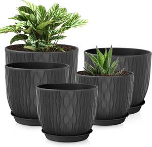 lot 342276 image: Plastic Plant Pots 10987.57 inch Set of 5, Flower Planters with Drainage Holes and Saucers, Plastic Pots for Indoor Outdoor Plants, Livingroom Garden Decor (Black)