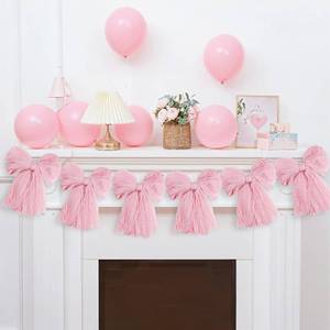 lot 342304 image: 4.9ft Pink Bow Garland Banner Decorations - 1 String of 6 Pre-Strung Pink Bows Banner Party Hanging Swirls for Coquette Birthday Baby Shower Bridal Shower Wedding Bachelorette Party