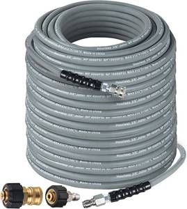 lot 442192 image: Hourleey Pressure Washer Hose 100FT, Kink Resistant High Tensile Wire Power Washer Hose, Rubber Wire Braided with 38 Quick Connect for HotCold Water, 4000 PSI, Gray