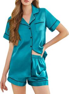 lot 442224 image: Silk Pajamas for Women Short Sleeve Sleepwear Soft Button Down Loungewear 2 Piece Satin Pjs Shorts Set (L)