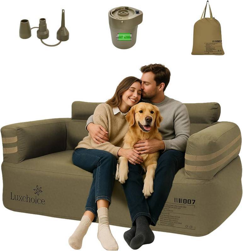 lot 201536 image: Retails for $190 Portable Inflatable Couch for Camping with Built-in Pump Durable Inflatable Furniture Heavy Duty Blow Up Couch Stylish Outdoor Air Sofa Perfect for Backyard Beach Music Festival Party