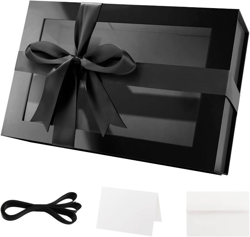 lot 471544 image: Large Black Magnetic Gift Box with Window, Ribbon 13.5x9x4.1 In  Clear Gift Box for Present Contains Ribbon, Card, Groomsman Proposal Box with Magnetic Lid (Gold)