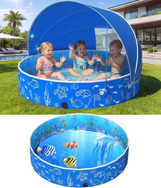 lot 142290 image: FizZeal Foldable Kiddie Pool with Canopy 51In Baby Pool with Shade
