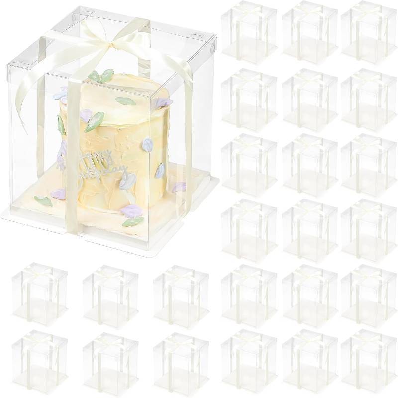 lot 142306 image: 24 Pcs Clear Gift Box with Ribbon 2-Layer 8.5x8.5x9 Inch, Transparent Cake Carrier Box with Lids, PET Tall Cake Packaging Boxes, Clear Gift Boxes for Birthday,Wedding and Festival Party