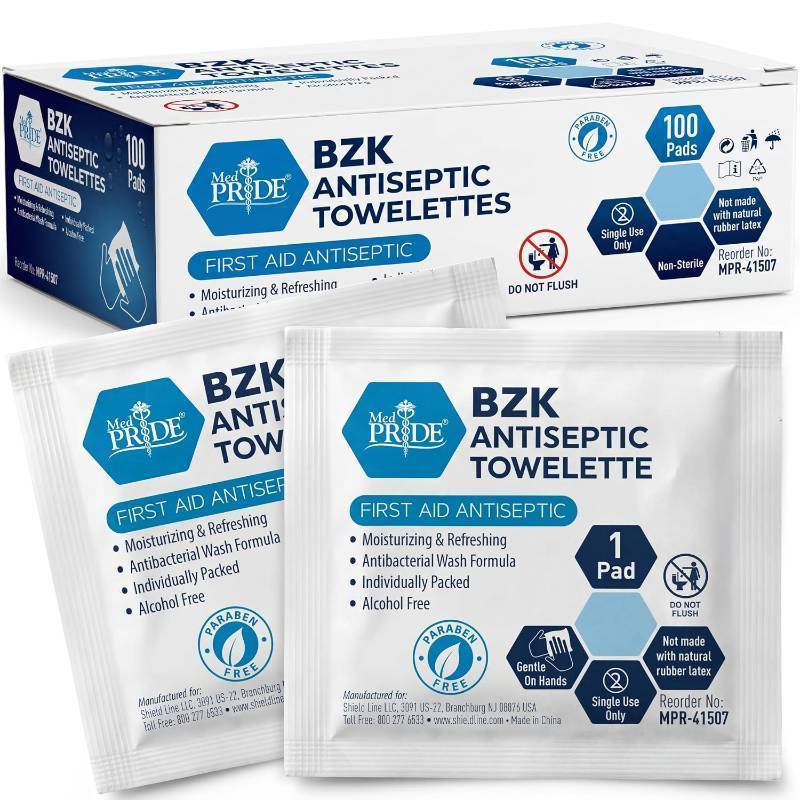 lot 342241 image: MED PRIDE BZK Antiseptic Towelettes, Alcohol-Free, First Aid Wipes, 100-Ct