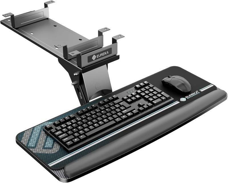 lot 331340 image: EUREKA ERGONOMIC Keyboard Tray Height Adjustable, Swivel Tilt Computer Keyboard Drawer Under Desk, 25x9.13 Sliding Keyboard & Mouse Platform with Mouse Pad for Typing, Black