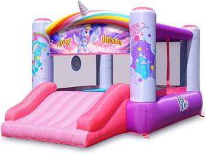 lot 361653 image: Retails for $280 Action Air Bounce House, Princess Inflatable Bounce House with Blower, Pink Bouncy House for Girls, Flying Unicorn Theme Bouncy Castle, Durable Sewn and Extra Thick, Love for Kids