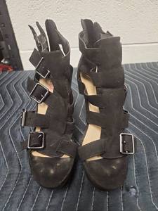 lot 25619 image: Just Fab Black Suede Buckle Strap Heeled Boots Size 8