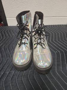 lot 25624 image: Holographic Lace-Up Combat Boots w Side Zip Size 9