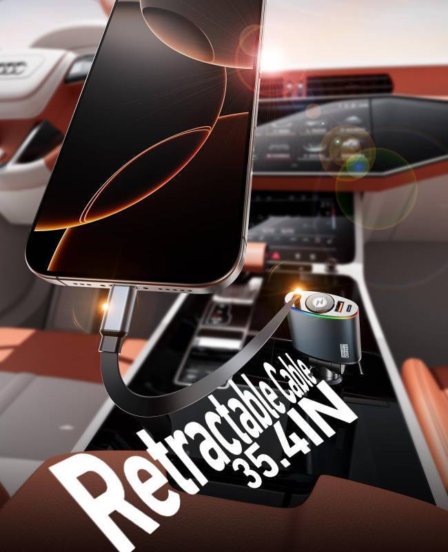 lot 59053 image: Retractable Car Charger,Lightning Cable Car Charger Fast Charge,Adapter with Retractable Cables and USB Ports for iPhone 14131211 Series,Accessories for Men - Retail $15
