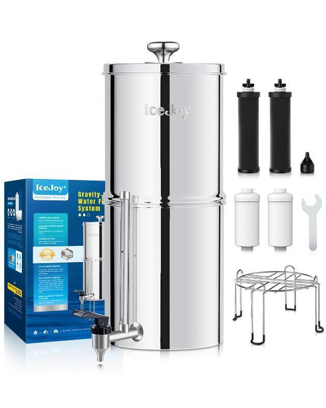 lot 59036 image: 8-Stage Gravity Water Filtration System 3.0 Gallon-304 Stainless Steel Countertop System with 4 Filters and StandReduce 99.9% Chlorine, NSFANS 42 Certification. MISSING FILTERS - Retail $109