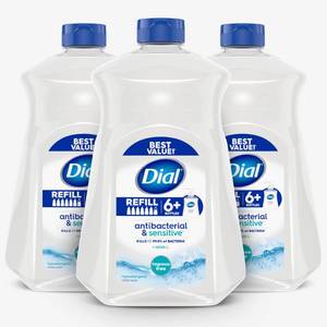 lot 39024 image: Dial Antibacterial Liquid Hand Soap, Fragrance Free, 52 fl oz, 3-Pack - Retail $18