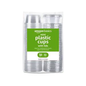 lot 39032 image: Amazon Basics Disposable Plastic To-Go Cups and Lids, Mini, 2oz, 50 Count, BPA Free, for Condiment, Salad Dressing, Sauces, Jello Shots - Retail $5