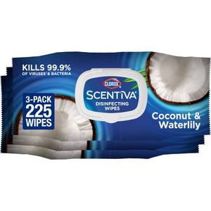 lot 39036 image: Clorox Scentiva Disinfecting Wipes, Coconut and Waterlily, 75 Ct., 3 Pack - Retail $15
