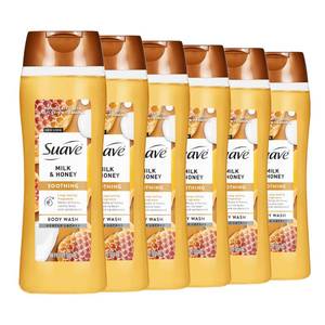 lot 39039 image: Suave Moisturizing Body Wash, with Milk & Honey and Vitamin E Extract, No Parabens, No Phtahaltes, 18 Oz Pack of 6. ONE USED. - Retail $21