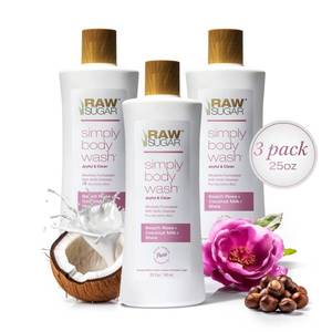 lot 39046 image: RAW SUGAR Simply Body Wash, Beach Rose  Coconut Milk  Shea (25 Fl Oz, Pack of 3) Sensitive Skin Bath Soap, Formulated without Sulfates & Parabens�� - Retail $30