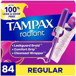 lot 39048 image: Tampax Radiant Tampons for Women, with LeakGuard Braid, Regular Absorbency, Unscented, 84 Count (3 Packs of 28), Packaging May Vary - Retail $21