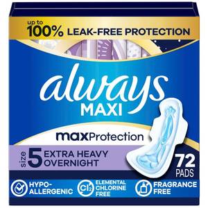 lot 39054 image: Always Maxi Overnight Pads with Wings, Size 5, Extra Heavy Overnight, Unscented, 72 Count - Retail $21