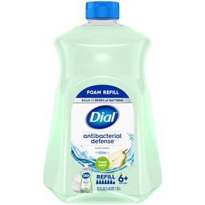 lot 39063 image: Dial Antibacterial Defense Foaming Hand Soap  Aloe, Fresh Pear Scent, 52 Fl Oz Hand Soap Refill, Dermatologist-Tested, Gentle on Skin - Retail $10