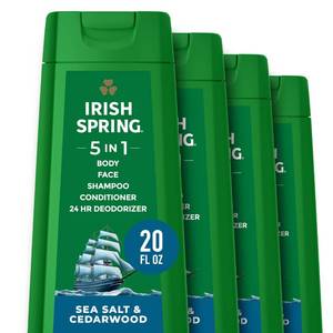 lot 39075 image: Irish Spring 5 in 1 Moisturizing Body Wash for Men, Shampoo, Conditioner, Body and Face Wash, and 24 Hour Deodorizer, Paraben-Free, Sea Salt & Cedarwood Scent, 20 fl oz, 4 Pack - Retail $22