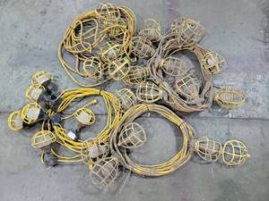 lot 23767 image: (4) Industrial Trouble Light String Lot  Caged Lamps Yellow Cords&nbsp