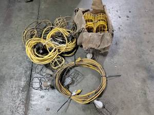 lot 23768 image: Lot of Yellow Extension Cords with Work Lights and Protective Cages