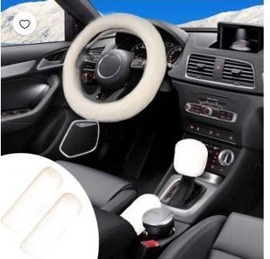 lot 10270 image: Marretoo 5-Pc Faux Rabbit Fur Steering Wheel Cover Set Beige