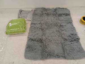 lot 10310 image: Christmas Tree Skirt Soft Faux Fur Lime Green, & 2 Pack Gray Shag non slip Rug, 22x34,