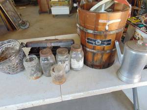 lot 3709 image: Jars - Wooden Bucket and Coffee Pot