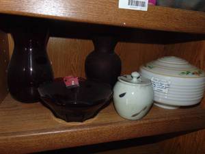 lot 3738 image: Contents of Shelf - Ruby Glass and Light Globes