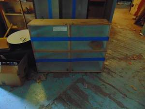 lot 4001 image: 2 Narrow Glass fronted display cases - with 4 doors - lockable