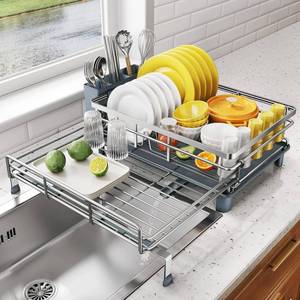 lot 924 image: Expandable Dish Drying Rack for Kitchen Counter, Stainless Steel, Silver - Retail $50