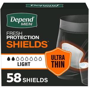 lot 950 image: Depend Shields Incontinence Pads for Men, Light Absorbency, 58 Count - Retail $16
