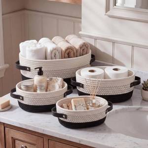 lot 968 image: Ferrochef 4 Pack Storage Baskets for Organizing Shelves, Black and White - Retail $23