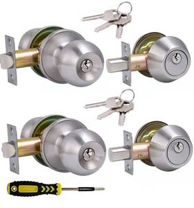 lot 977 image: Lanwandeng 2 Sets All Keyed Same Entry Door Knob and Single Cylinder Deadbolt Combo Set, Round Ball Satin Nickel Exterior Door Knobs with Lock and Keys for Entrance and Front Door - Retail $30