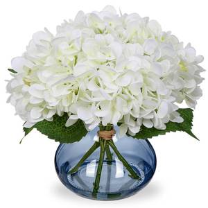 lot 985 image: Hollyone White Hydrangea Artificial Flowers with Glass Vase Silk Faux Flowers Arrangements with Faux Water in Blue Vase Fake Floral Bulk Bouquet for Home Decor Table Centerpiece Decorations - Retail $29