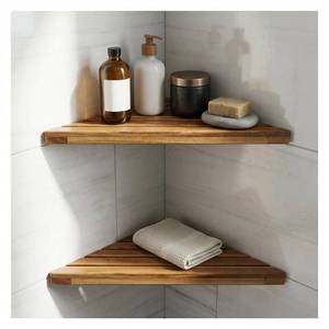 lot 2009 image: DITAVN Wooden Corner Shower Shelf Triangular Corner Shelf Wooden Bathroom Shelf for Tiled Wall, 2 Pack Shower Corner Shelf, No Drilling Requied - Retail $25