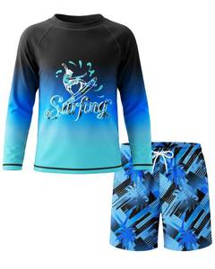 lot 2055 image: Appears Pre Owned Boys Two Piece Rash Guard Swimsuits Kids Long Sleeve Shirt Swim Set with Swim Trunks Youth Bathing Suit Swimwear Surfing Coconut Geometry Swimming Shorts Teen Quick Dry Sun Protection Sunsuit 7 Year - Retail $20