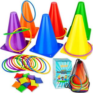 lot 2087 image: Eocolz 3 in 1 Carnival Games Set, Soft Plastic Cones Bean Bags Ring Toss Games for Kids Birthday Party Outdoor Games Supplies Combo Set - Retail $20