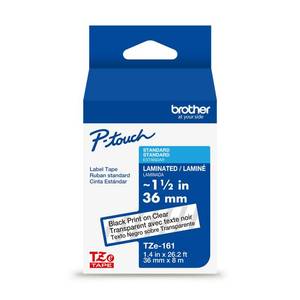 lot 2091 image: Brother Genuine P-Touch TZe Black Print on Clear Label Tape (TZe161), Laminated,1-12in x 26.2ft (36mm x 8m), for Select P-Touch Label Makers, Durable, Water-Resistant, IndoorOutdoor Use - Retail $28