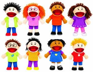 lot 2093 image: Fun Express Hand Puppets for Kids, 8 Multicultural, 14 Inch - Retail $40