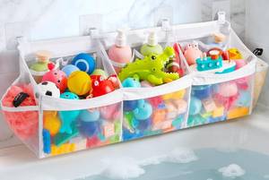 lot 2112 image: Criusia Extra Large Bath Toy Organizer with 3 Compartments and Multiple Pockets, Quick-Dry Mesh Bathtub Storage for Kids Toys (White) - Retail $19