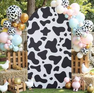 lot 2121 image: gogoparti 6FT Cow Print Arch Cover �� Wrinkle Free Spandex Backdrop Round Top Chiara Arch Cover for Cow Theme Party, Birthday, Baby Shower, Banquet Decoration - Retail $25
