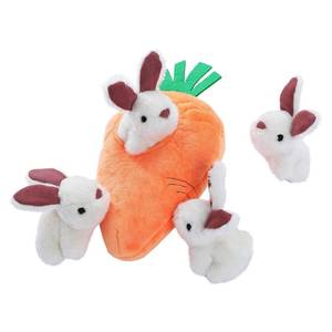 lot 2153 image: Amazon Basics Interactive Hide and Seek Squeaky Dog Plush Toy with Squeaker for Small Dogs, Rabbit and Carrot, Orange and White - Retail $18